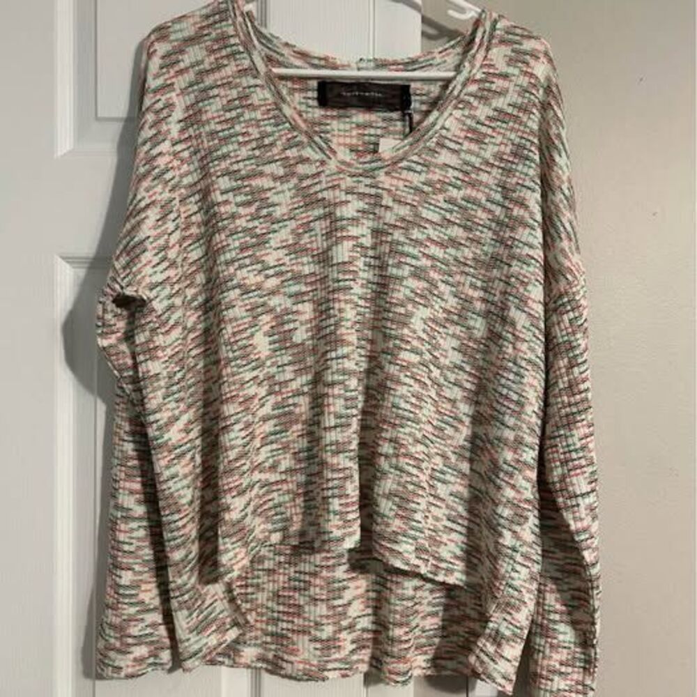 NWT Code Mode Size L Green Multi V-Neck Knit Top Sweater